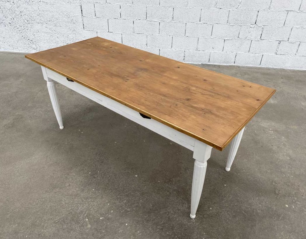 Table d'atelier en fer et plateau bois ancien long 183 cm